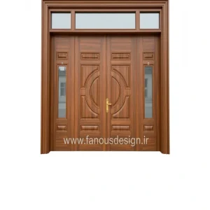 درب چوبی لوکس مدل سلطنتی با طراحی هندسی و پنجره ترنسوم