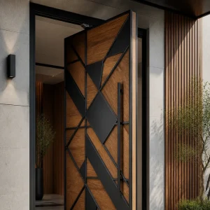درب ورودی پیوت چوب طبیعی با صفحات فلزی CNC طرح هندسی